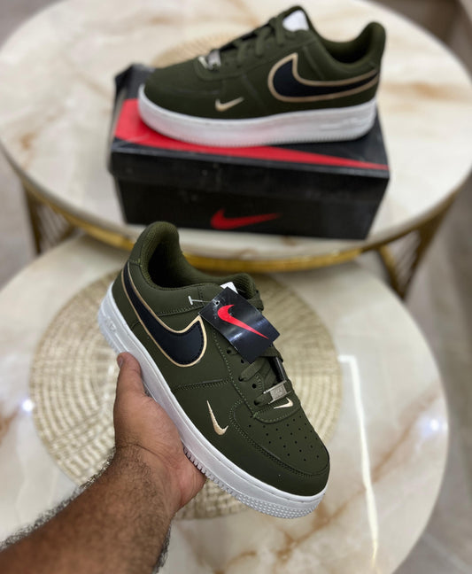 Force 1 Olive Green Sneakers – Stylish Streetwear Shoes with Golden Detailing